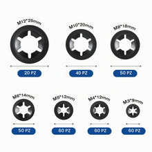 Carica l'immagine nel visualizzatore di Gallery, 340 anelli di sicurezza, rondelle di sicurezza, denti interni, chiusura rapida, assortimento M3, M4, M5, M6, M8, M10, M1