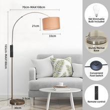 Carica l'immagine nel visualizzatore di Gallery, ANTENLICHT AURA Lampada ad Arco con Telecomando | Lampada da Terra Regolabile per Salotto | Include LED E27 + Paralume in Tessuto Marrone 33 cm | Design Argentato Vintage per Camera, Hotel