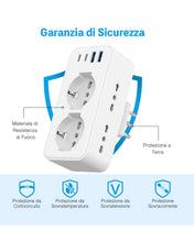 Carica l'immagine nel visualizzatore di Gallery, Presa Multipla con 2 Schuko e 4 Prese IT, Spina Italiana, Multipresa Salvaspazio con 4 USB, Adattatore Spina 16A per Cuc
