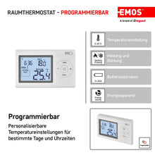 Carica l'immagine nel visualizzatore di Gallery, EMOS - termostato digitale da ambiente con display LCD - cablato programmabile - riscaldamento/raffreddamento - interval