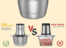 Carica l'immagine nel visualizzatore di Gallery, NWOUIIAY Tritacarne Elettrico In Acciaio Inox 600W 2L Rimovibile 2 Livelli di Velocità Protezione dal Surriscaldamento con 4 Lame Ciotola e Pad in Plastica per Carne Verdura e Frutta