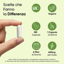 Carica l'immagine nel visualizzatore di Gallery, NAC N-Acetil-Cisteina Vegana, 600mg per Dose, 180 Capsule, per 6 Mesi