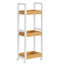 Carica l'immagine nel visualizzatore di Gallery, SONGMICS Carrellino Salvaspazio, Carrello Bagno, Mobiletto Bagno Stretto a 3 Ripiani con Ruote, Bambù, 20 x 30 x 80 cm, Bianco e Naturale BCB083N02