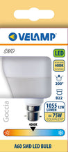 Carica l'immagine nel visualizzatore di Gallery, Velamp lampadina LED forma a goccia (A60) - Copertura opale - Attacco a baionetta (B22) Francia - Potenza 12W Equivalent