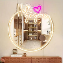 Carica l'immagine nel visualizzatore di Gallery, Hello Gorgeous - Targa al neon per decorazione della casa, specchio illuminato, decorazione da parete, per feste di comp