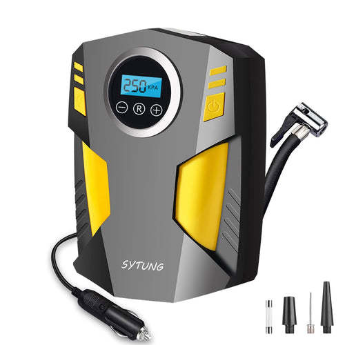 SYTUNG Compressore Aria Portatile, Compressore Aria Portatile Auto con 3 Adattatori per Ugelli e Luci LED Digitali per Pneumatici per Auto e Altri Prodotti Gonfiabili