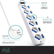 Carica l'immagine nel visualizzatore di Gallery, Multipresa a 6 Posti, Ciabatta Elettrica con 6 Prese Italiane e Schuko/Tedesche - Spina Italiana 16A - Potenza 250V/2500