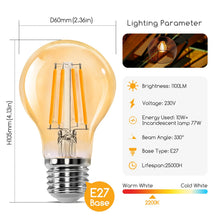 Carica l'immagine nel visualizzatore di Gallery, Aigostar Lampadina Vintage Edison LED E27 10W Equivalenti a 77W, Luce Calda 2200K, 1100Lm, CRI＞80, A60 Stile Vintage Lam