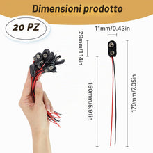Carica l'immagine nel visualizzatore di Gallery, 20 pezzi Clip batteria 9V tipo I, cavi 150 mm rosso-nero, per elettronica fai-da-te, progetti scolastici, riparazioni e 