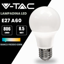Carica l'immagine nel visualizzatore di Gallery, V-TAC Lampadina LED con Attacco E27 8,5W (Equivalenti a 60W) A60 806 Lumen - 6500K Luce Bianca Fredda (Box 3 pezzi)
