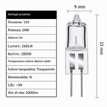 Carica l'immagine nel visualizzatore di Gallery, Lampadina Alogena G4 12V 20W 2800K Bianco Caldo Dimmerabile, G4 Bi-Pin Base Alogene a Capsule Lampadine per Cappa da Cuc