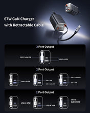Carica l'immagine nel visualizzatore di Gallery, Mcdodo 67W Caricatore USB C con Cavo USB C Retrattile, Alimentatore USB C GaN Caricatore Veloce 3-Port 67W GaN Caricator