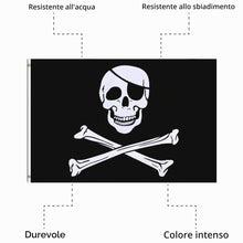 Carica l'immagine nel visualizzatore di Gallery, Grande bandiera dei pirati Jolly Roger con teschio e tibie incrociate, 90 x 150 cm con anelli, vessillo appendibile per 