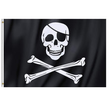 Carica l'immagine nel visualizzatore di Gallery, Grande bandiera dei pirati Jolly Roger con teschio e tibie incrociate, 90 x 150 cm con anelli, vessillo appendibile per 