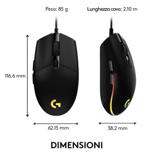 Logitech G G203 LIGHTSYNC Mouse Gaming con Illuminazione RGB, Personalizzabile, 6 Pulsanti Programmabili, Sensore per Gaming, Tracciamento a 8.000 DPI, Peso Ridotto - Nero