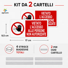 Carica l'immagine nel visualizzatore di Gallery, AGRICOM Cartello Divieto di Accesso – Vietato l’Accesso alle Persone Non Autorizzate | Kit 2 Cartelli 17 x 9,5 cm in Pol