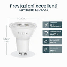 Carica l'immagine nel visualizzatore di Gallery, Linkind Lampadina Gu10 LED Dimmerabile Attacco, 5.7W(Equivalenti a 75W), Luce Bianca Calda 2700K, 600 Lumen, 55mm, RAR16