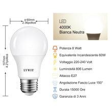 Carica l'immagine nel visualizzatore di Gallery, LVWIT Lampadina a LED E27, Forma A60, 8W Equivalenti a 60W, Luce Bianca Naturale 4000K, 806Lm, Consumo Basso, Risparmio 