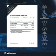 Carica l'immagine nel visualizzatore di Gallery, Vitamina D3 + K2 Gocce, 1000 UI ad Alta Dose, Vegetariano &amp; Liquido (99,7+% All-Trans MK-7), 50 ml (1700 Gocce), Elevata