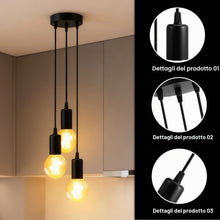 Carica l'immagine nel visualizzatore di Gallery, Lampadario a sospensione a 3 teste: lampada a sospensione nera vintage, 3 luci, attacco E27, lampada da soffitto regolab