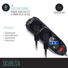 Carica l'immagine nel visualizzatore di Gallery, Multipresa a 3 Posti, Ciabatta Elettrica con 3 Prese Italiane 10/16A e Schuko/Tedesche - Spina Italiana 10A - Potenza 25
