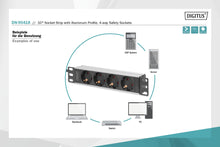 Carica l'immagine nel visualizzatore di Gallery, DIGITUS Multipresa a 4 vie - 1U - 10 pollici (254 mm) - montaggio su rack in armadio di rete - DN-95418 - argento/nero