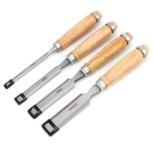 Carica l'immagine nel visualizzatore di Gallery, QWORK® 4 Pezzi Scalpelli per Legno 6, 12, 19, 24mm, Set Scalpelli Scalpelli per Legno Professionale con Robusto Cappucci