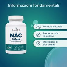 Carica l'immagine nel visualizzatore di Gallery, Bandini® NAC N-Acetil-Cisteina 220 Capsule 600mg, Precursore del Glutatione