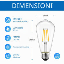 Carica l'immagine nel visualizzatore di Gallery, ANWIO Lampadine di Filamento a LED Attacco E27,4W Equivalente a 40W, 470Lumen,Luce Bianca Calda 2700K,Forma ST64 Edison 