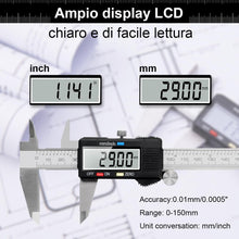 Carica l'immagine nel visualizzatore di Gallery, Calibro Digitale, Qfun Precisione Micrometro in Acciaio Inox 150mm con Ampio Display LCD Inch Electronic Digital Caliper