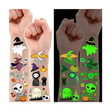 Carica l&#39;immagine nel visualizzatore di Gallery, Leesgel Halloween Decorazioni, 10 Fogli Fluorescenti Tatuaggi per Bambini Scheletro/Strega/Zucche/Fantasma, Adesivi Gadget Festa Compleanno Accessori Party