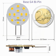 Carica l'immagine nel visualizzatore di Gallery, Lampadine LED G4 2W equivalenti a 20W alogene, G4/GU4/GZ4 Bi-Pin Base, AC/DC12V 3000K 120° grandangolo, non dimmerabile 