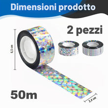 Carica l'immagine nel visualizzatore di Gallery, 2 rotoli Nastro riflettente per la difesa dagli uccelli, Nastro repellente per spaventare, Dissuasore per piccioni, Anti