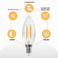 Carica l'immagine nel visualizzatore di Gallery, Lampadine Filamento LED E14 4W = 40W 495LM Bianca Calda 2700K 6 Pezzi