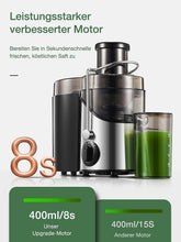 Carica l'immagine nel visualizzatore di Gallery, JUILIST Centrifuga Frutta e Verdura, 400W Estrattore di Succo a Freddo con 65 MM Bocca Larga, 3 Velocità, Acciaio Inox, Piedi Antiscivolo, Includi Spazzola, Facile Pulizia, Senza BPA (argento)