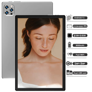 Tablet 10 Pollici Tablet Android 11, 64 GB ROM+4GB RAM (128 GB Espandibili) Tablet in Offerta , Dual 4G LTE SIM/WIF, Fotocamera 5MP+8MP| IPS HD 8000mAh |Bluetooth| GPS | Type-C Tablets PC (grigio)