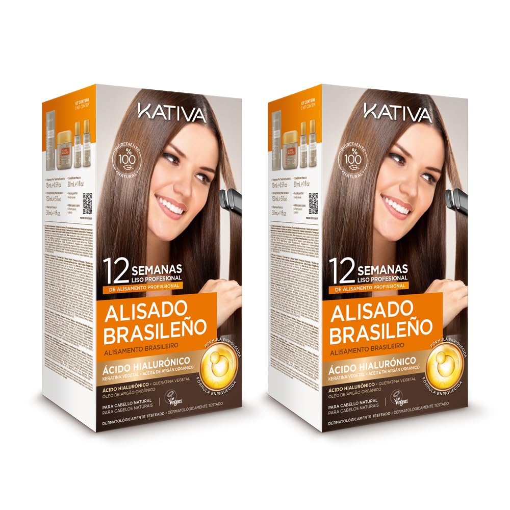 Kativa Confezione 2 liscianti brasiliani – Nuova formula con acido ialuronico – Trattamento lisciante professionale a casa – Fino a 12 settimane di durata – Raddrizzamento Keratina – Formula vegana –