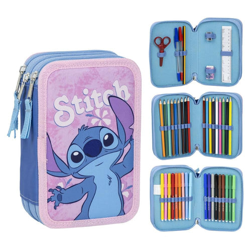 Astuccio Stitch Disney astuccio multiscomparto 3 zip per la scuola completo 44 pezzi penne matite colori pennarelli
