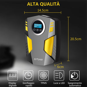 SYTUNG Compressore Aria Portatile, Compressore Aria Portatile Auto con 3 Adattatori per Ugelli e Luci LED Digitali per Pneumatici per Auto e Altri Prodotti Gonfiabili