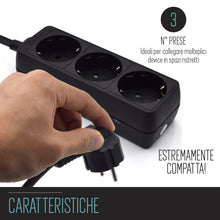 Carica l'immagine nel visualizzatore di Gallery, Multipresa Compatta a 3 Posti, Ciabatta Elettrica con 3 Schuko/Tedesche - Spina Schuko/Tedesca- Potenza 250V/2500W - Cav