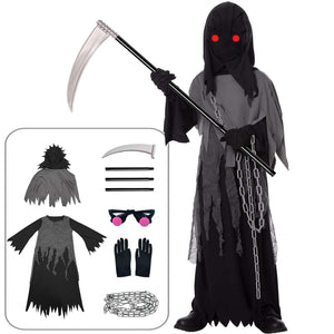 Tosekry Costume Halloween Bambino Vestito Halloween Bambino, Costumi Halloween Bambini Halloween Costume Bambino con Falce, Occhiali Luminosi e Catene (8-10 anni)
