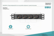 Carica l'immagine nel visualizzatore di Gallery, DIGITUS Multipresa a 4 vie - 1U - 10 pollici (254 mm) - montaggio su rack in armadio di rete - DN-95418 - argento/nero