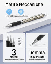 Carica l'immagine nel visualizzatore di Gallery, Nicpro 6 Pezzi Metallo Matite Meccaniche Set, Art Matite 0,5 mm, 0,7 mm 0,9 mm e 2mm (2B HB 2H), Portamine con 12 Tubo M