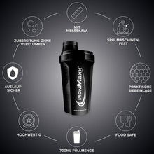 Carica l'immagine nel visualizzatore di Gallery, IronMaxx Eiweiß Shaker - 700 ml - Schwarz | Shaker Proteico con Tappo a Vite | Antigoccia | BPA/DEHP Free | Lavabile | Scala Graduata