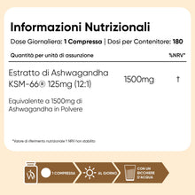 Carica l'immagine nel visualizzatore di Gallery, Ashwagandha KSM-66 Vegana 180 Compresse, 1 al Giorno (6 Mesi di Scorta)