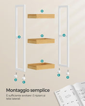 Carica l'immagine nel visualizzatore di Gallery, SONGMICS Carrellino Salvaspazio, Carrello Bagno, Mobiletto Bagno Stretto a 3 Ripiani con Ruote, Bambù, 20 x 30 x 80 cm, Bianco e Naturale BCB083N02