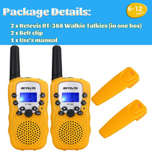 Carica l'immagine nel visualizzatore di Gallery, Retevis RT388 Walkie Talkie Bambini, Giocattoli Bambini con Serratura a Chiave VOX a Lungo Raggio Compleanni e Vacanze, 3-12 Ragazzi per Attività Esterna e Interna (1 Paio, Giallo)