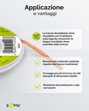 Carica l'immagine nel visualizzatore di Gallery, Goobay 45246 Filo dissaldante in rame puro da 2 mm Filo dissaldante per la rimozione della saldatura nelle giunzioni a s