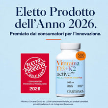 Carica l'immagine nel visualizzatore di Gallery, Vitamina D3+K2 (Dura 1 anno e 4 mesi) 500 Microcompresse – ELETTO PRODOTTO DELL’ANNO 2026 - Senza Biossido di Silice, Vitamina D3 2000 UI a Compressa – Vitamina K2 MK7 All-Trans Active Pro Vitaminact