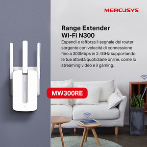 Mercusys TP-Link MW300RE Ripetitore Wireless Wifi Extender e Access Point, Velocità Single Band 300 Mbps, Tre Antenne Esterne, Tecnologia Mimo, Potenzia Copertura Wi-Fi